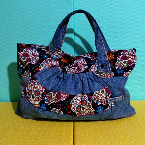 Handmade Handbag Skulls Denim NWOT
